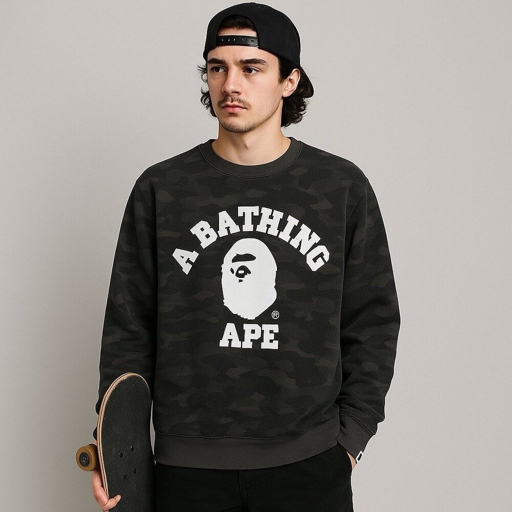 Authentic Bathing Ape Camouflage‎ Crewneck Sweater Comfy Cozy Unisex XL *FLAWED